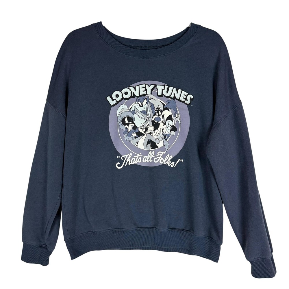 Looney Tunes Sweatshirt Womens Medium Blue Crewneck Fleece Pullover Graphic
